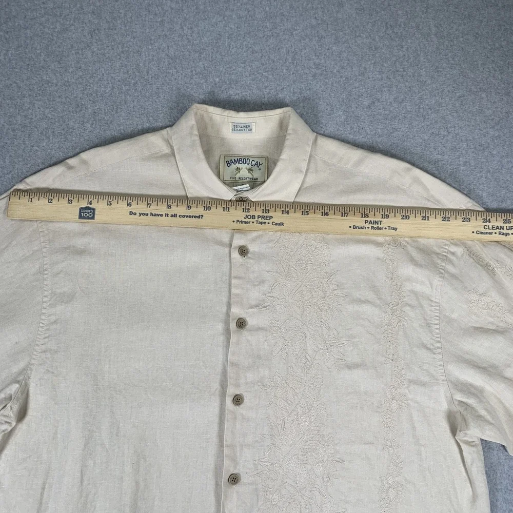 Bamboo Cay Button Down Shirt Mens XL Cream Linen Cotton Floral Embroidered
